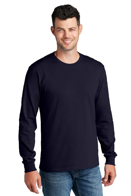 Men's short-sleeve bright pure-white shirt-Port & Company Mens Core Long Sleeve Crewneck T-Shirt - True Navy Blue