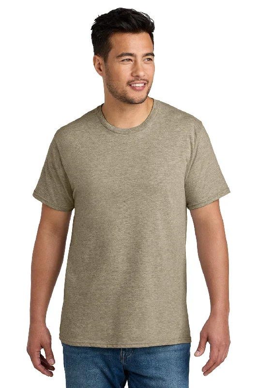 Men's short-sleeve stylish sleek-neutral-casual-nylon shirt-Port & Company Mens CVC Short Sleeve Crewneck T-Shirt - Heather Desert Tan - New