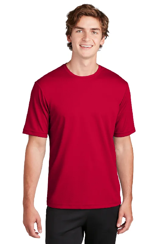 Men's short-sleeve sleek sandy-beige shirt-Sport-Tek Mens RacerMesh Moisture Wicking Short Sleeve Crewneck T-Shirt - Deep Red