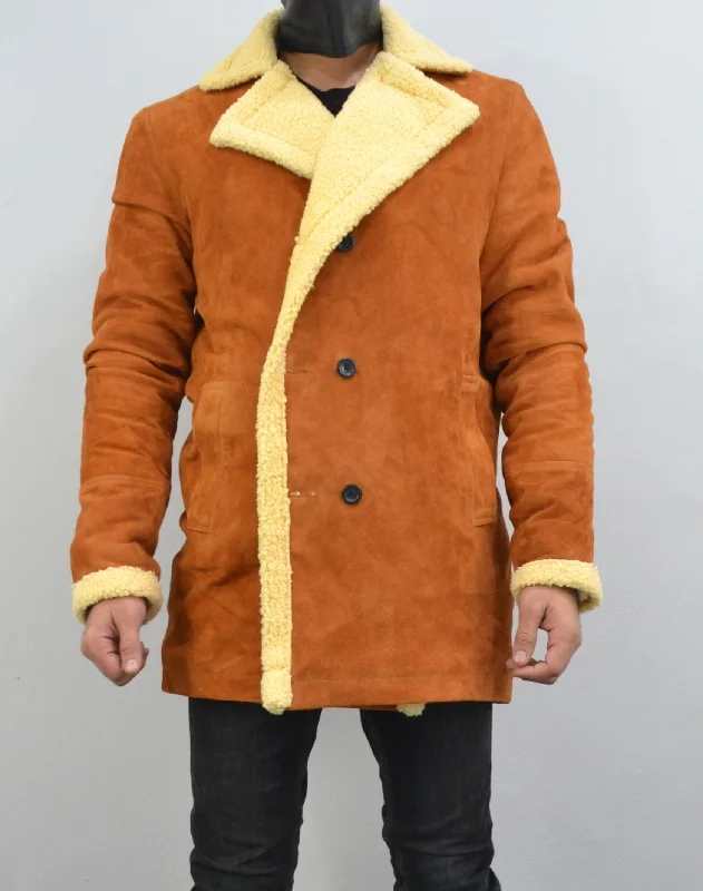 Men's span bold jackets-Men's Double Breasted Shearling Fur Suede Tan Leather Jacket