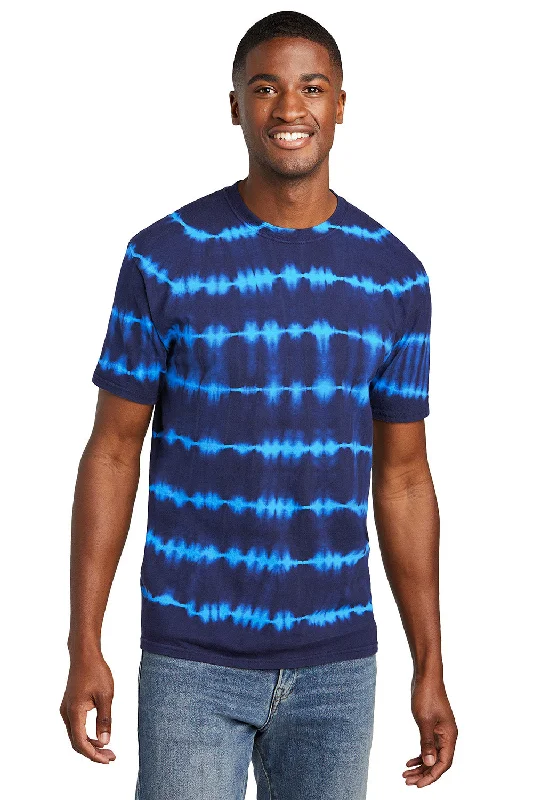 Men's short-sleeve casual bold-rich-sporty-wild-print shirt-Port & Company Mens Allover Stripe Tie-Dye Short Sleeve Crewneck T-Shirt - Turquoise Blue/Team Navy Blue - New