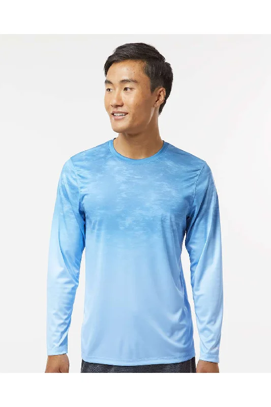 Men's short-sleeve tough contrast-sleeve shirt-Paragon Mens Montauk Oceanic Fade Performance Moisture Wicking Long Sleeve Crewneck T-Shirt - Blue Mist Fade - Closeout