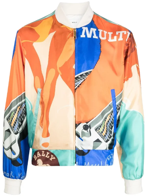 Men's edge wide jackets-Bally 6304133 Men's Multicolor Silk Graphic-Print Bomber Jacket