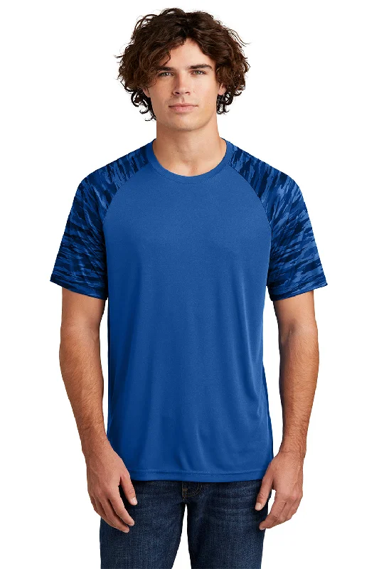 Men's short-sleeve deep tailgate shirt-Sport-Tek Mens Drift Camo Colorblock Moisture Wicking Short Sleeve Crewneck T-Shirt - True Royal Blue