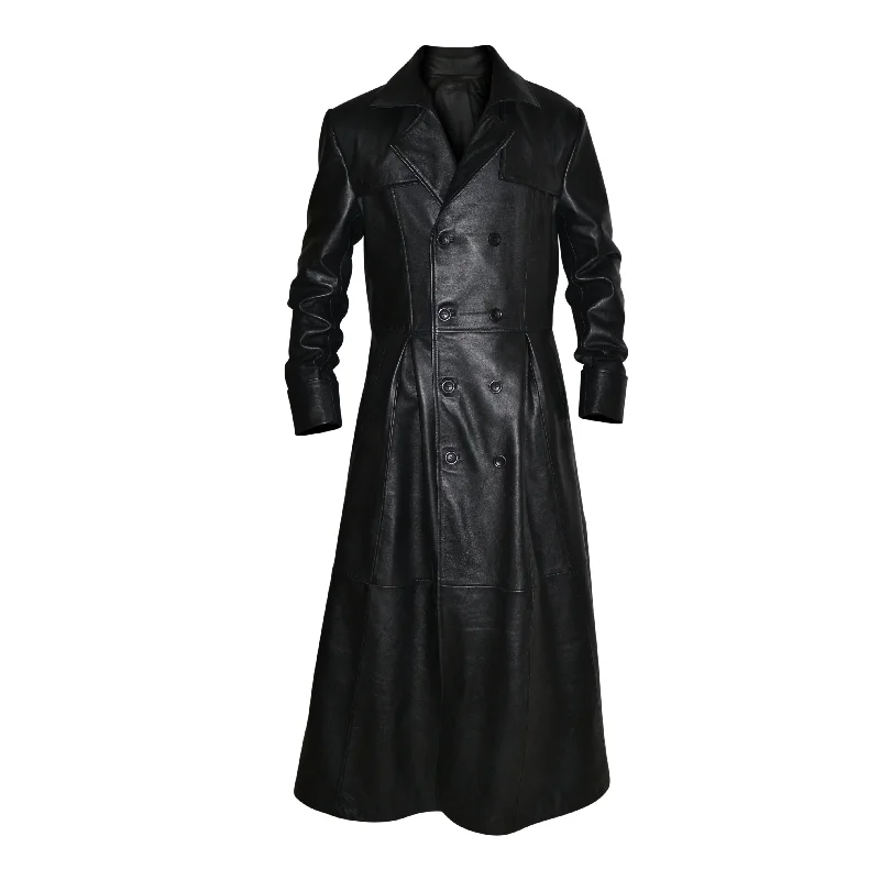 Men's sift light jackets-Mens Black Slim Fit Genuine Leather Double Breasted Gothic Trench Long Coat