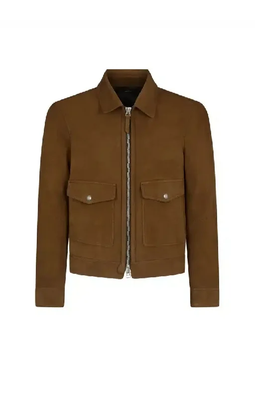 Men's plow rugged jackets-Tom Ford Mens Collar Zip Leather Jacket in Brown