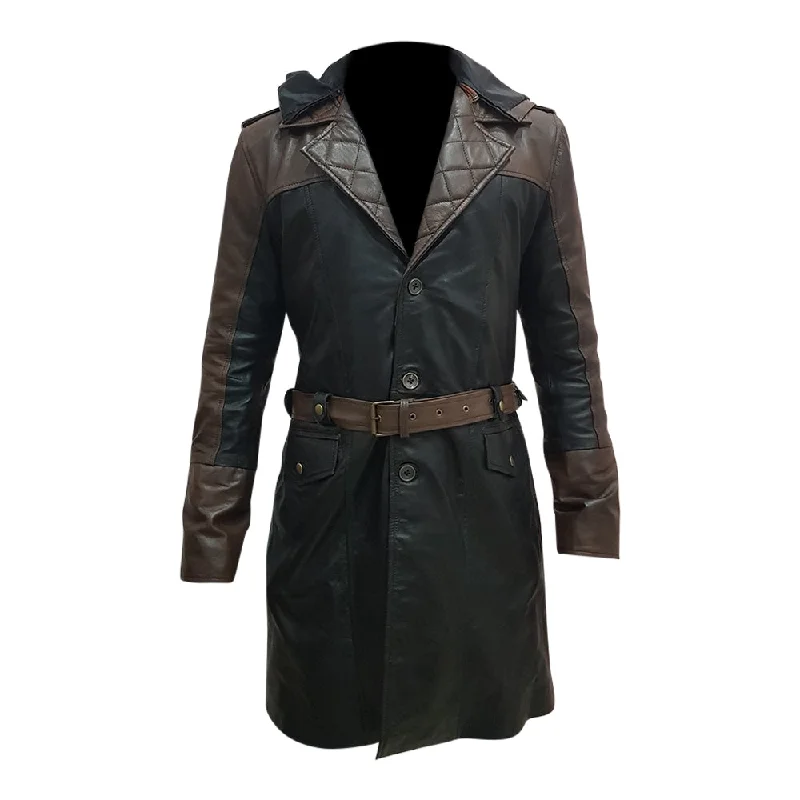 Men's load world jackets-Mens Fashion Brown and Black Dorian Hoodie Creed Leather Coat