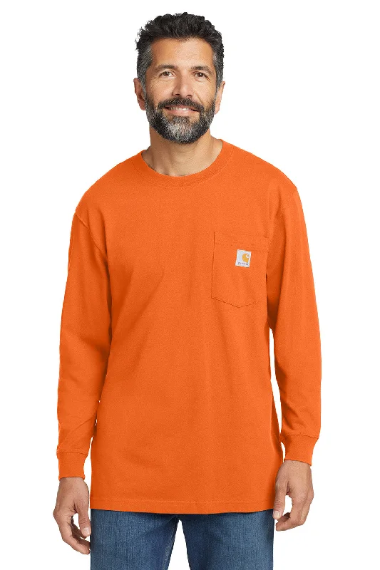 Men's short-sleeve sleek neutral-casual-wide-white tee-Carhartt Mens Workwear Long Sleeve Crewneck T-Shirt w/ Pocket - Bright Orange