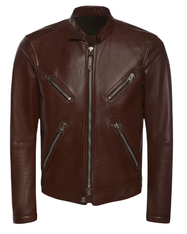 Men's sweep wide jackets-Tom Ford Mens Leather Bomber Jacket In Brown