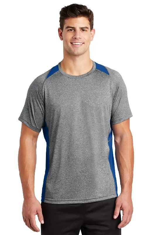 Men's short-sleeve modern terrain shirt-Sport-Tek Mens Contender Heather Moisture Wicking Short Sleeve Crewneck T-Shirt - Heather Vintage Grey/True Royal Blue