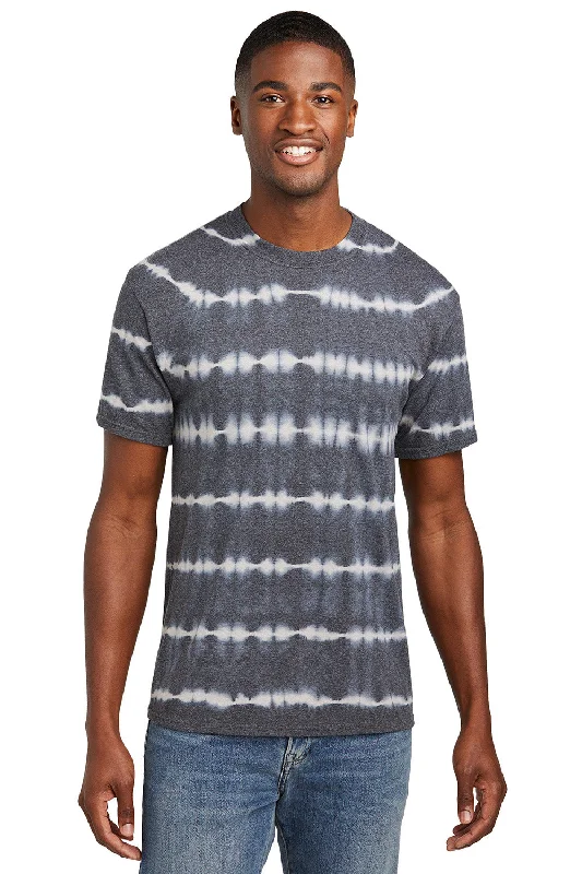 Men's short-sleeve urban warm-stylish-sleek-sandy-beige shirt-Port & Company Mens Allover Stripe Tie-Dye Short Sleeve Crewneck T-Shirt - Graphite Grey/Light Grey - New