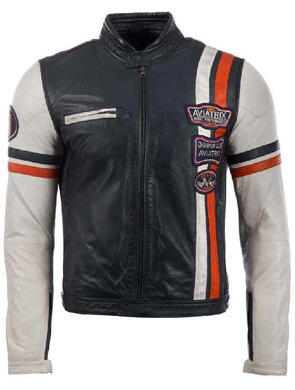 Men's plan sharp jackets-3ZS3 Men's Retro Biker Jacket - Navy/White