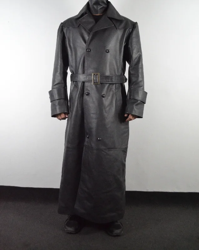 Men's pine warm jackets-Mens Black Slayer Spike Trench Long Leather Buffy Coat