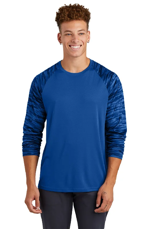 Men's short-sleeve neutral EDM shirt-Sport-Tek Mens Drift Camo Colorblock Moisture Wicking Long Sleeve Crewneck T-Shirt - True Royal Blue