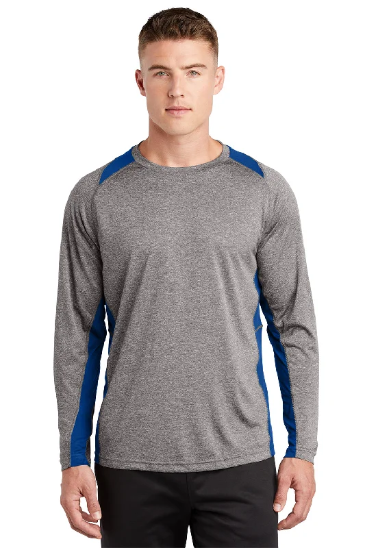 Men's short-sleeve sporty wild-print shirt-Sport-Tek Mens Contender Heather Moisture Wicking Long Sleeve Crewneck T-Shirt - Heather Vintage Grey/True Royal Blue