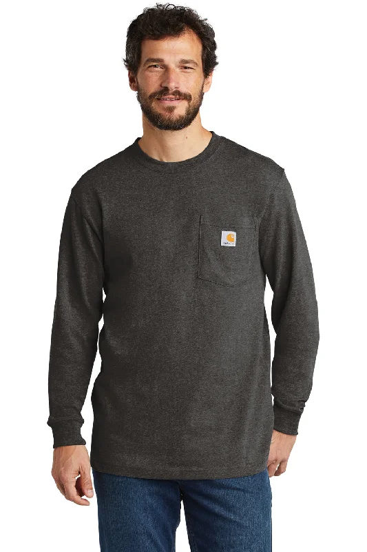 Men's short-sleeve vibrant tropical-retro-loose-orange top-Carhartt Mens Workwear Long Sleeve Crewneck T-Shirt w/ Pocket - Heather Carbon Grey