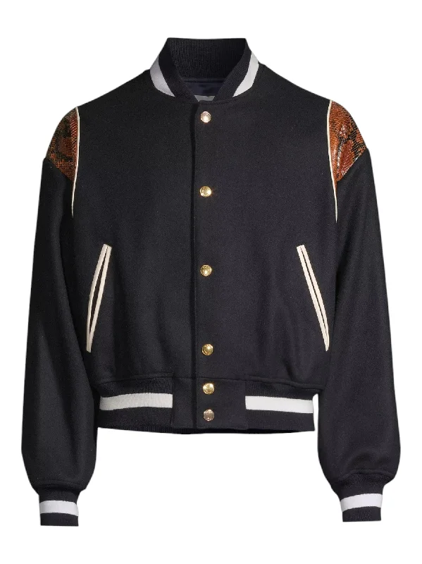 Men's surf breeze jackets-Bally 6305032 Men's Navy Wool-Blend Snakeskin-Embossed Bomber Jacket