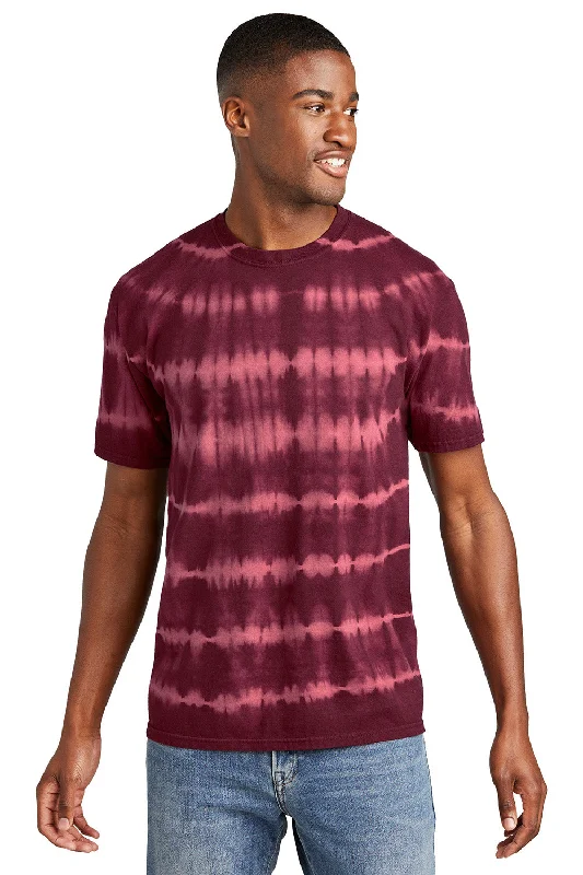 Men's short-sleeve classic muted-fresh-modern-terrain shirt-Port & Company Mens Allover Stripe Tie-Dye Short Sleeve Crewneck T-Shirt - Merlot/Burgundy - New