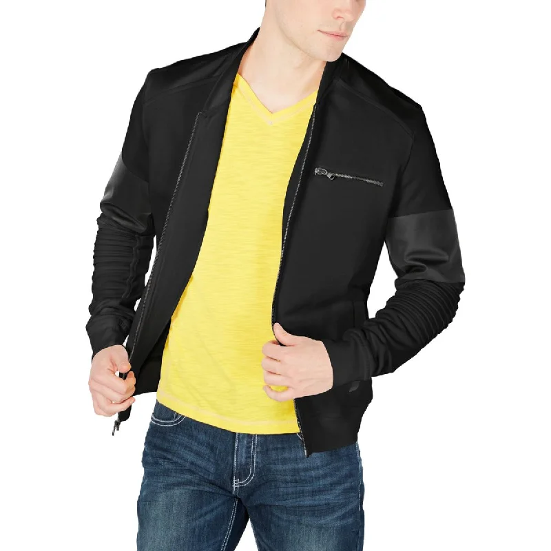 Men's soar breeze jackets-INC Mens Faux Leather Trim Zip Up Jacket