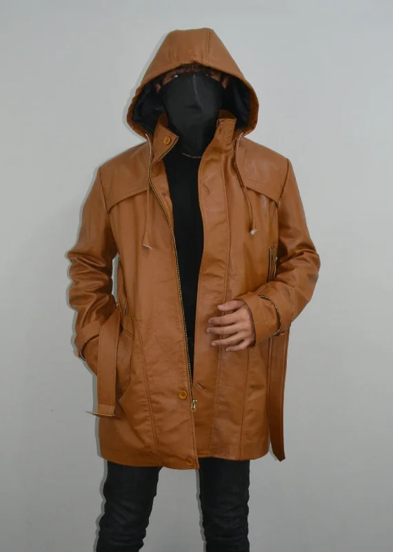 Men's climb breathable jackets-Mens Brown Ankle Length Slim Fit Hooded Leather Coat