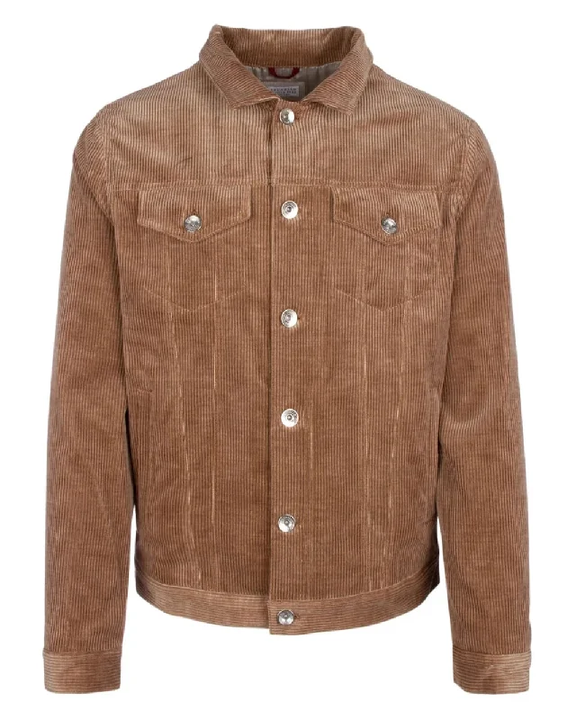 Men's arena tough jackets-Brunello Cucinelli Mens Buttoned Corduroy Jacket in Brown