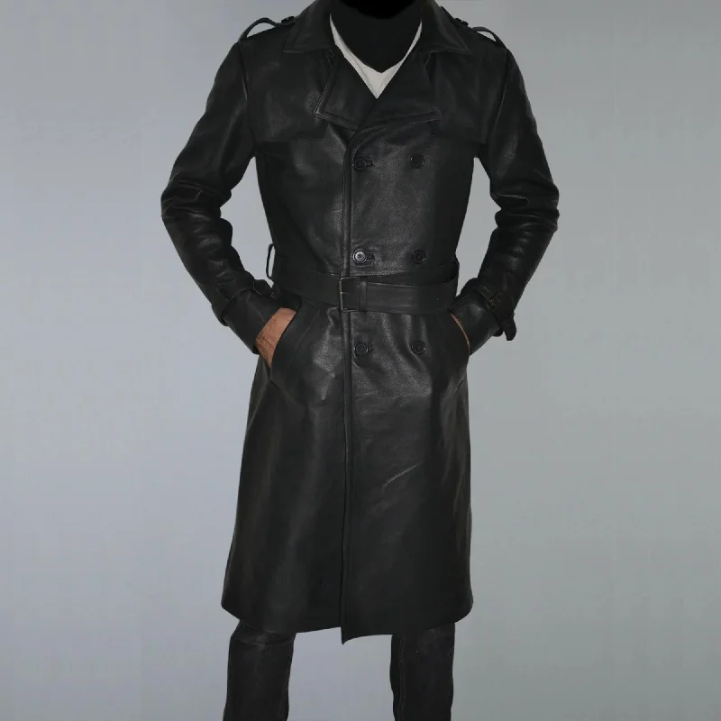 Men's bog rugged jackets-Mens Belted Black Trench Genuine Leather Coat With Lapel Collar