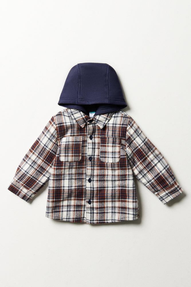 Men's pine warm jackets-Check Hooded Shacket Navy