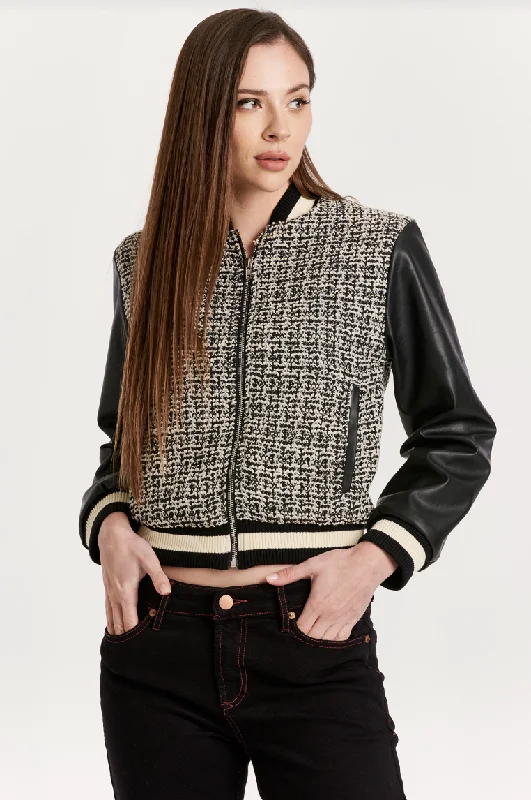 Men's shred bold jackets-Janel Pleather Tweed Bomber Jacket