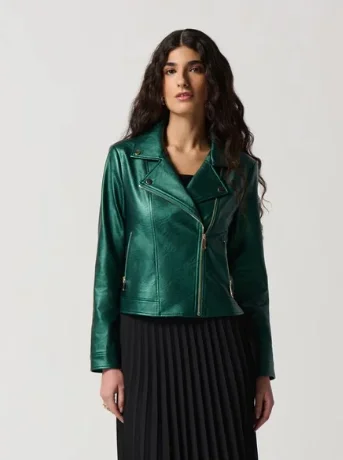 Men's roam tough jackets-Joseph Ribkoff Emerald Metallic Faux Leather Biker Jacket