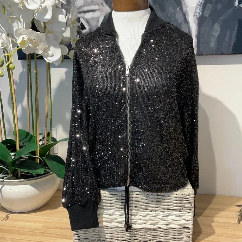 Men's free travel jackets-LT Cindy Black Sequin Bomber Jacket