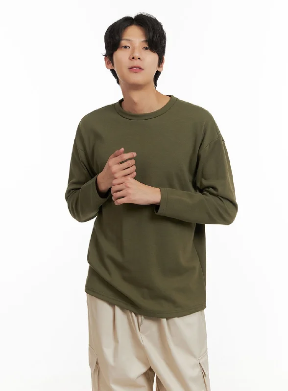 Men's short-sleeve lightweight flex shirt-Men's Basic Oversize Long Sleeve Tee (Dark Green) IY402