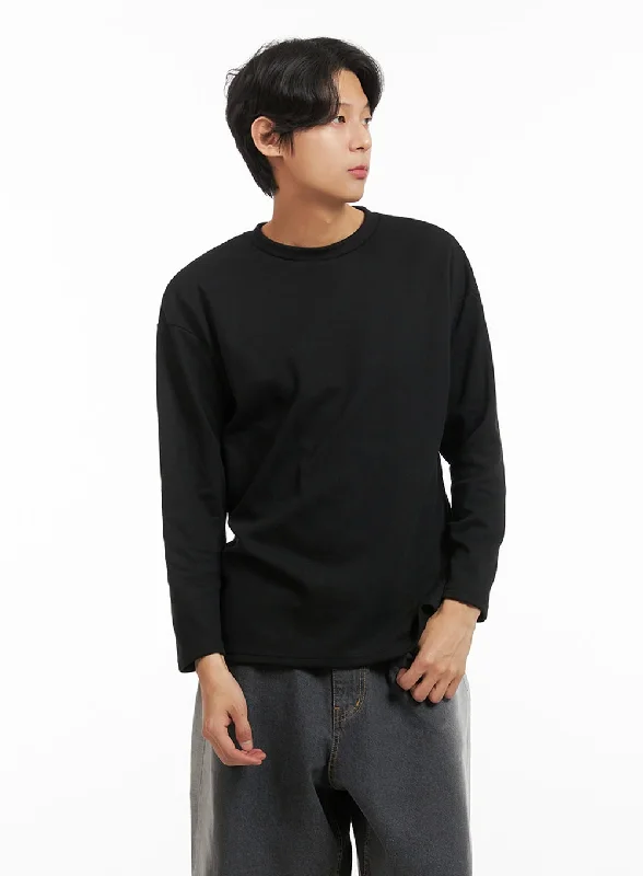 Men's short-sleeve classic muted-fresh-modern-smooth-chest-pocket shirt-Men's Basic Oversized Long Sleeve Tee (Black) IY416