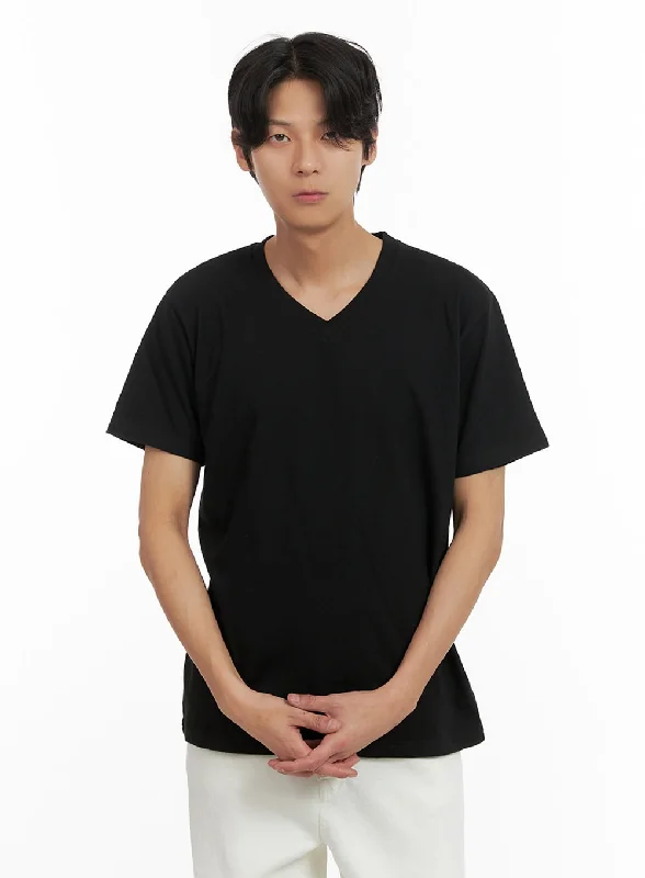 Men's short-sleeve tailored geometric shirt-Men's Basic V-Neck T-Shirt (Black) IY402