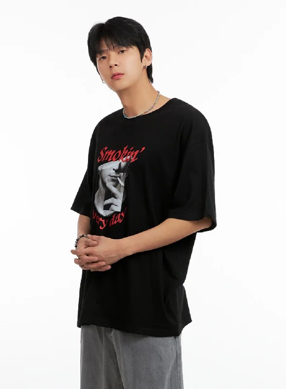 Men's short-sleeve subtle soft-trendy-cool-lime shirt-Men's Cotton Graphic Oversize T-Shirt (Black) IG402