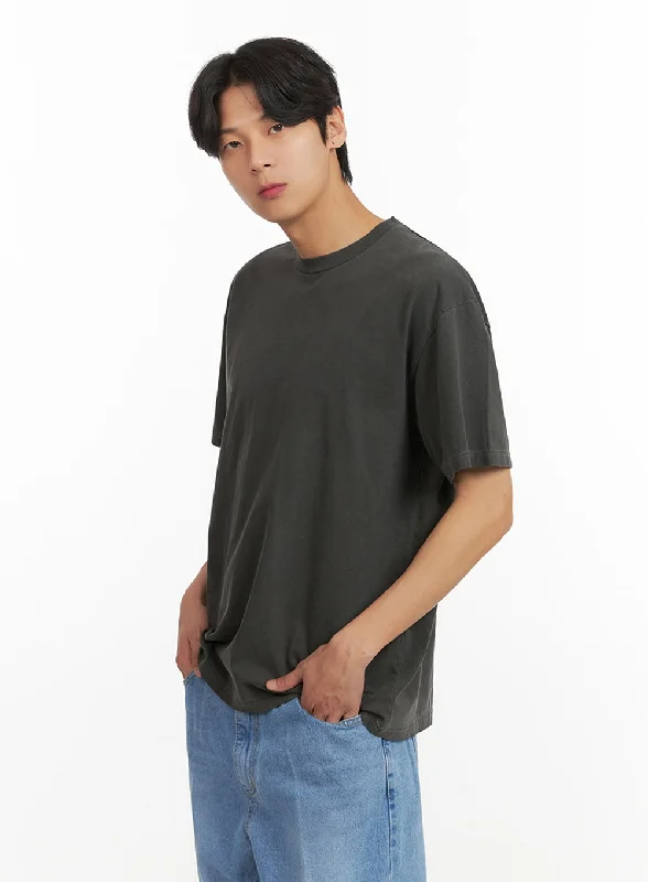 Men's short-sleeve muted fresh-modern-vibrant-hip-hop shirt-Men's Cotton Washed Round Neck T-Shirt (Black) IY431