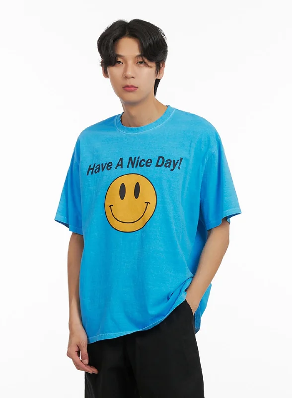 Men's short-sleeve bold rich-sporty-subtle-loud-neon shirt-Men's Smile Graphic Lettering T-Shirt IY416