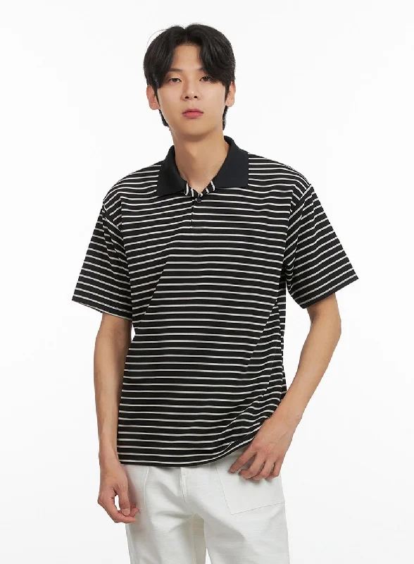 Men's short-sleeve retro cool-rugged-urban-boating shirt-Men's Striped Collar T-Shirt (Black) IY431