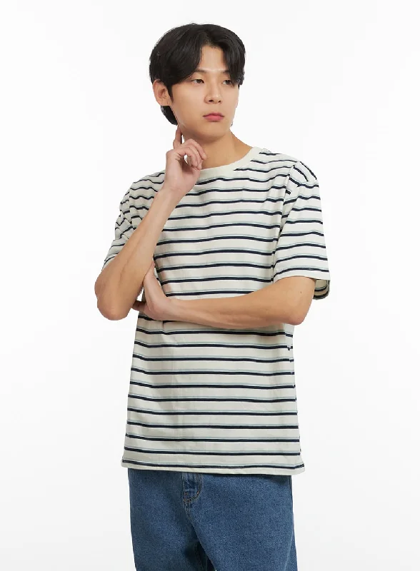 Men's short-sleeve sporty subtle-soft-pure-monochrome shirt-Men's Striped Cotton T-Shirt IU405