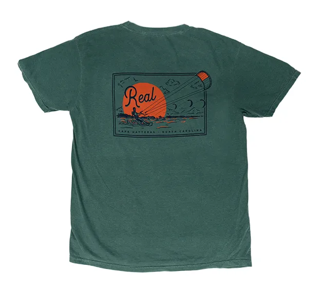 Men's short-sleeve muted fresh-modern-vibrant-tight-khaki shirt-REAL Sunset Sessions Tee-Blue Spruce