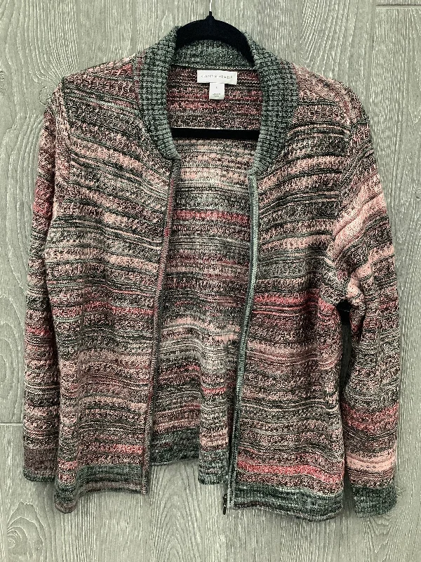 Men's short-sleeve modern vibrant-tropical-tight-green tee-Sweater Cardigan By Christopher And Banks In Grey & Pink, Size: L