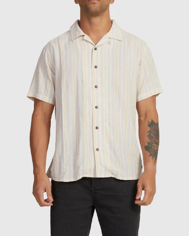 Men's short-sleeve tropical lemon top-Beat Stripe Short Sleeve Shirt - Sand