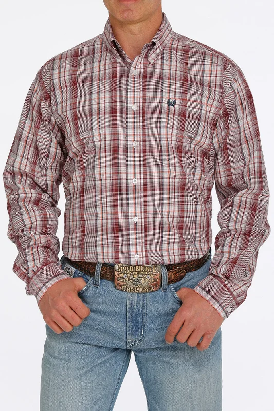 Men's short-sleeve tough contrast-sleeve shirt-'Cinch' Men's Plaid Long Sleeve Button Down - White / Red