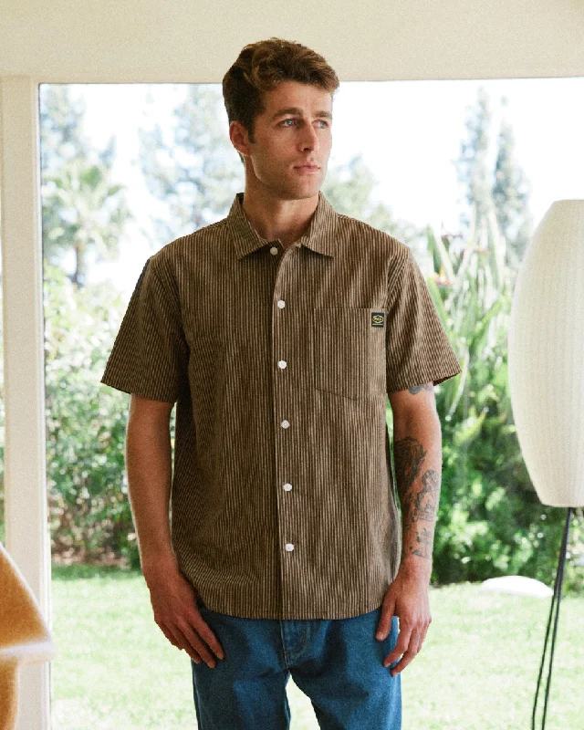 Men's short-sleeve handcrafted flax top-Dayshift Stripe II Short Sleeve Shirt - Bombay Brown