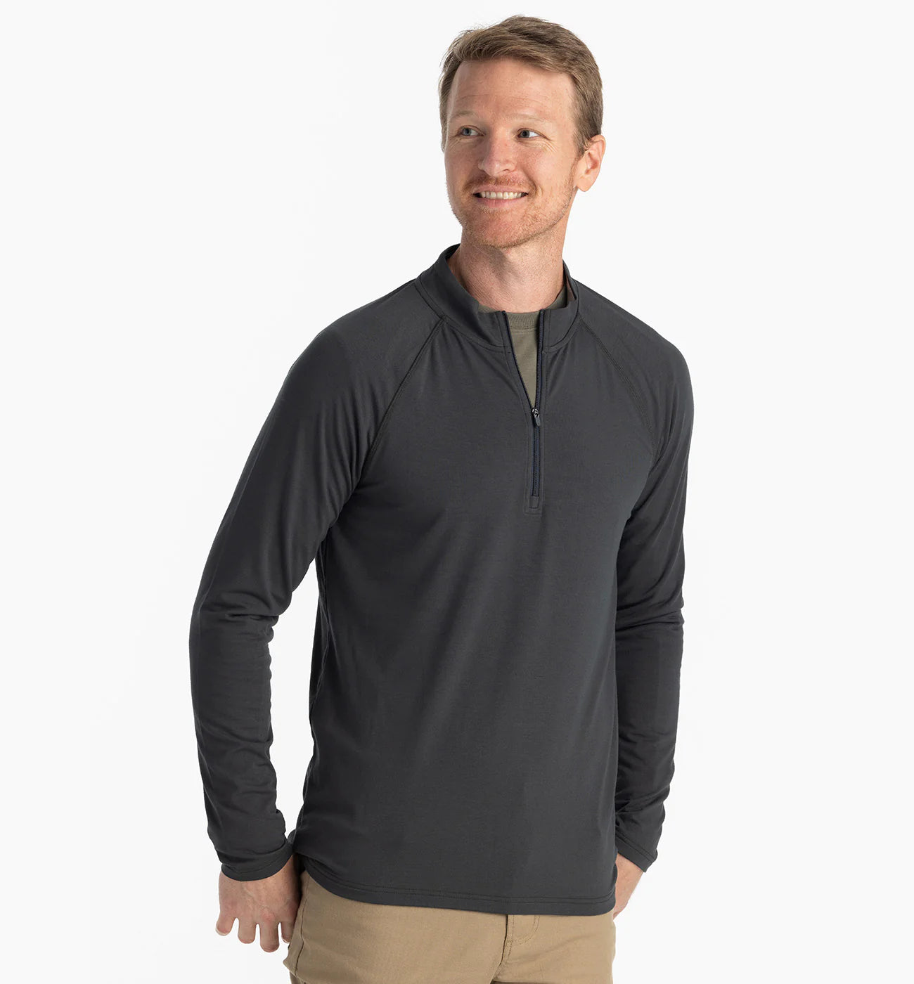 Men's short-sleeve subtle soft-trendy-bright-pure-white shirt-Free Fly Bamboo Quarter Zip - Black Sand