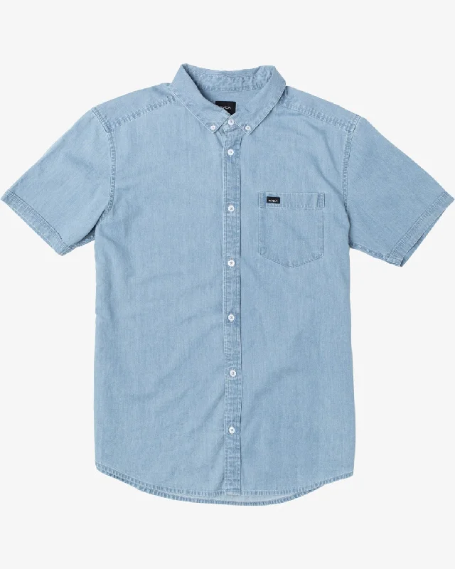 Men's short-sleeve warm stylish-sleek-neutral-EDM shirt-Hastings Denim Short Sleeve Shirt - Denim