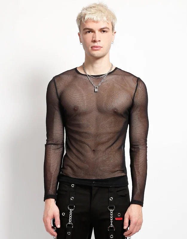 Men's short-sleeve soft trendy-crisp-textured shirt-MENS LONG SLEEVE FISHNET BLACK