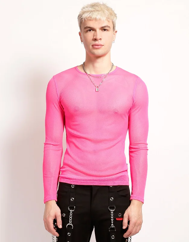 Men's short-sleeve modern vibrant-fair-trade-jute top-MENS LONG SLEEVE FISHNET PINK