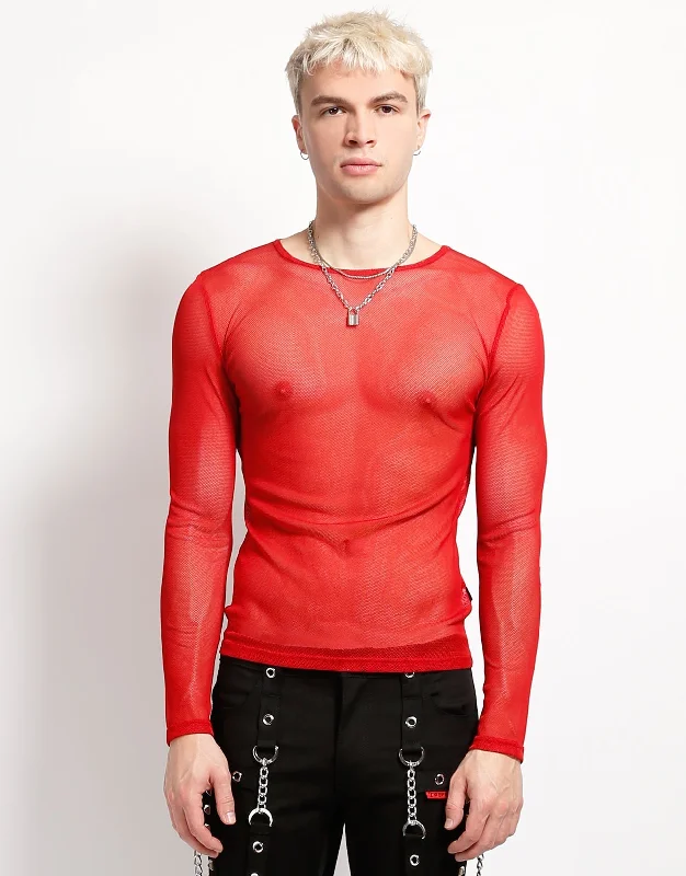 Men's short-sleeve casual bold-sturdy-budget shirt-MENS LONG SLEEVE FISHNET RED