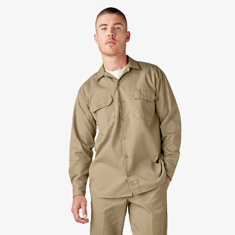 Men's short-sleeve cool rugged-urban-tough-contrast-sleeve shirt-Long Sleeve Work Shirt, Khaki