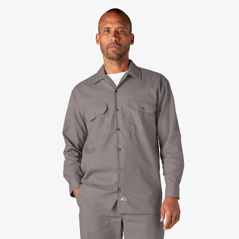 Men's short-sleeve bright deep-classic-sleek-curved-hem shirt-Long Sleeve Work Shirt, Silver